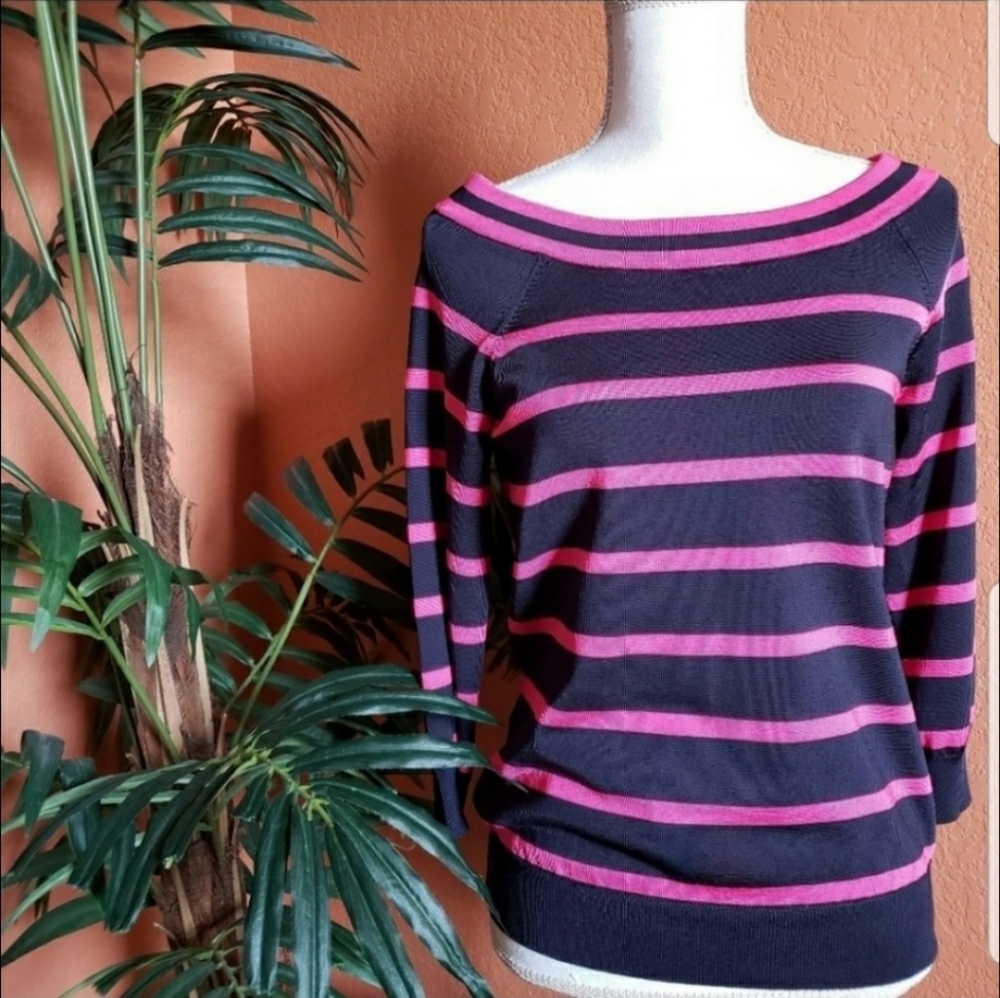 Lauren Ralph Lauren Striped Sweater Navy Blue Pink Cropped Sleeves Nautical Med